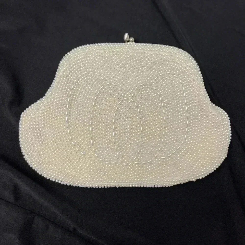 Pearl Beaded Clutch Vintage Made In Japan Formal Ivory Retro Classic Chain Strap